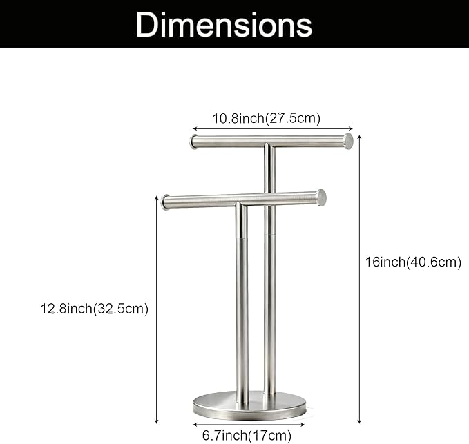 Hand Towel Holder, NEWRAIN Double Countertop Hand Towel Holder Stand, Stainless Steel Free Standing Hand Towel Rack with Heavy Base, for Bathroom Kitchen & Counter top, Brushed Nickel