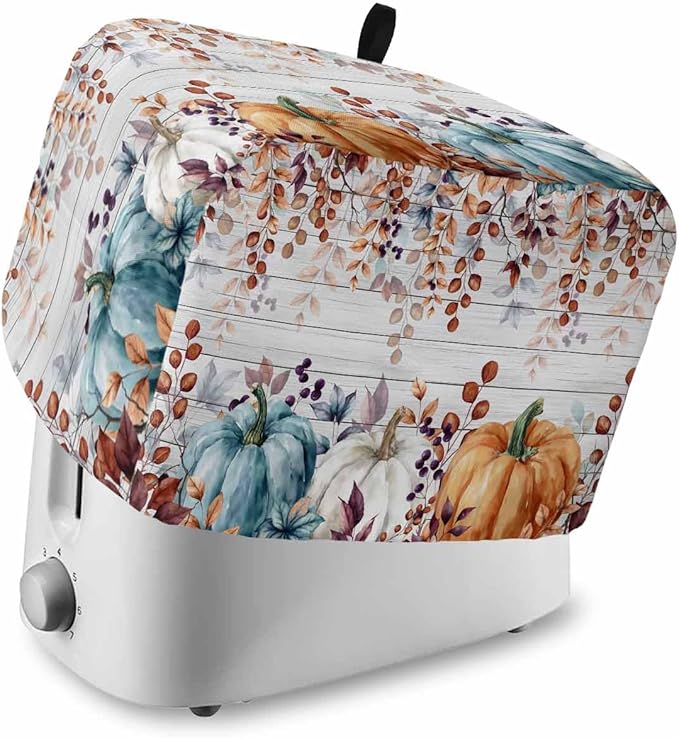Orange Blue Pumpkins Fall Toaster Cover 4 Slice, Thanksgiving Eucalyptus Dustproof Bakeware Oven Protector with Top Hook, Gray Wooden Waterproof Small Kitchen Appliance Toasters Dust Cover, 12"x11"x8"