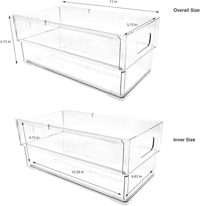 Isaac Jacobs 2-Pack Clear Expandable Storage Bins - Small, 11"-19" L x 5.8" W x 4.8" H, Plastic Organizer with Cut-Out Handles, Adjustable Length from 11-19" for Home, Kitchen & Office