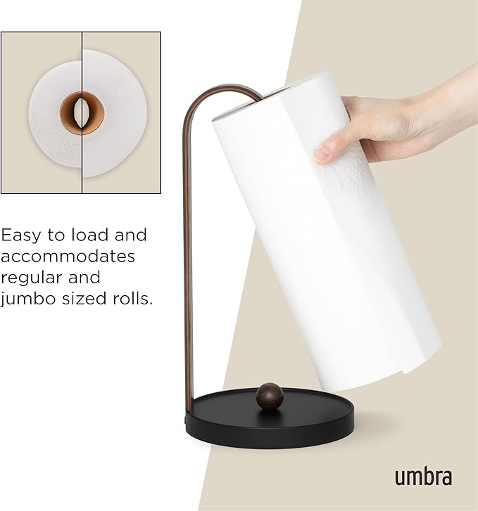 Umbra Bellwood Paper Towel Holder for Kitchen Countertop, with Real Wood Stand and Weighted Metal Base, Black/Walnut