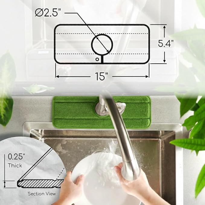 Ternal Original SINKMAT 15in Faucet Splash Guard Extra Long Microfiber Sink Drip Catcher Mat Non Slip Countertop Protector Drying Pad Kitchen Bathroom RV Machine Washable [Moss Green]