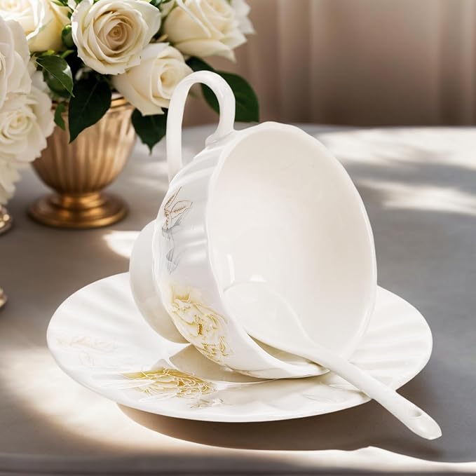 WRINGKIT Tea Cups and Saucers Set of 6, 7 Oz Floral Tea Cups, White Porcelain Tea Cup with Saucer, British Coffee Cups Sets for Women Teas Party, Cappuccino, Latte, Microwave Safe