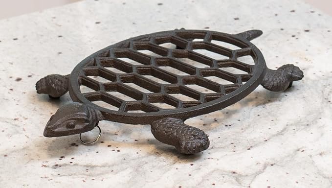 GASARÉ, Cast Iron Trivet for Hot Dishes, Pots, and Pans, Metal Trivet, Sea Turtle Design, Rubber Feet Caps, Ring Hanger, 11.5 x 8 Inches, Brown, 1 Unit