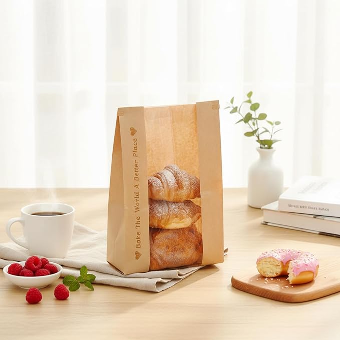 Honoson 200 Pcs Large Paper Bread Bags for Homemade Gift Giving, Sourdough Bread Bags with Window, Bakery Storage Tin Tie Tab Lock Cookie Packaging with Label Seal Stickers (Classic Style)