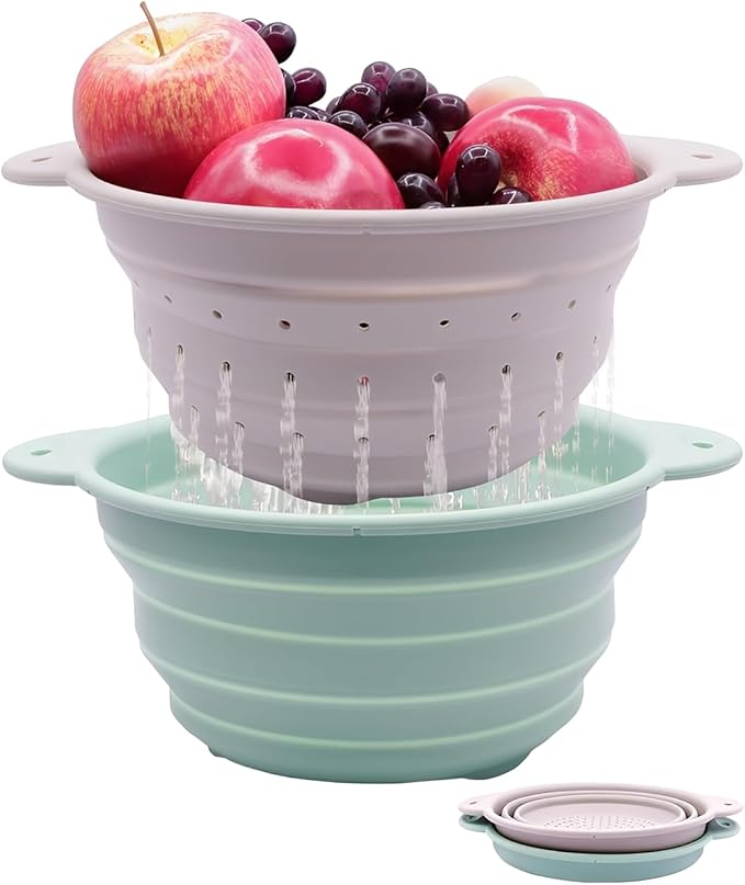 Collapsible Silicone Colander Bowl Set,BPA Free, Heat Resistant, Stainless Steel Nesting, Portable Washing Basket Strainer Drain Basin for Camping, Hiking, Kitchen, Dishwasher Safe (Grey+Green)