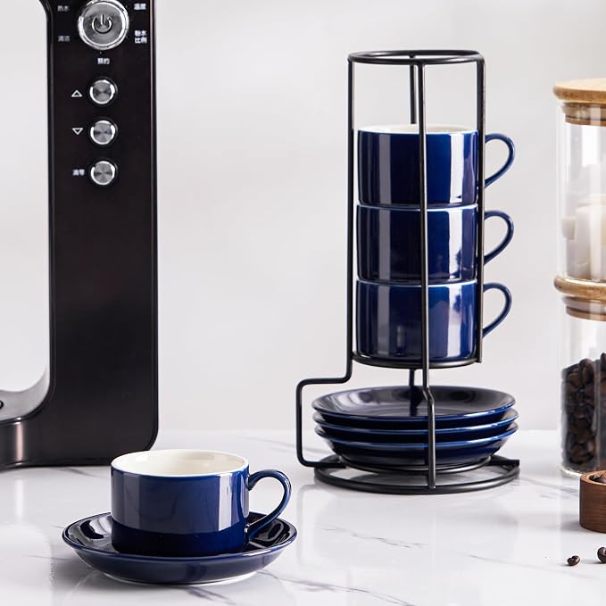 Espresso Cups Set of 4, 4oz Stackable Coffee Cups with Saucers and Metal Stand, Blue Demitasse Cups, Expresso Shots Cup Set