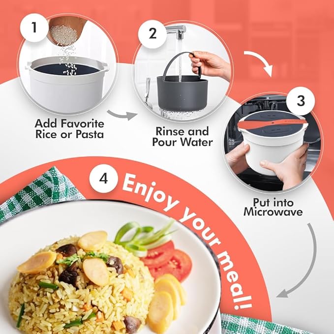 Microwave Rice Cooker Steamer, Microwave Pasta Cooker with Strainer, 2 L Microwave Cookware Set for Rice, Pasta, Vegetables, Quinoa, Oatmeal, Ramen Non stick (orange)