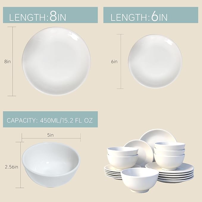 Lumina Porcelain| 18-Piece Fine Porcelain Dinnerware Set, Service for 6 - Professional White Plates & Bowls, Microwave/Oven Safe, Heavy Duty Kitchen Essentials