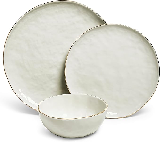 Sango 12-Piece Lightweight Porcelain Dinnerware Set for 4, Glossy Vanilla White Plates and Bowls Sets, Gold Rims, Farmhouse Ceramic Dish Set, Rustic Dishes, Microwave and Dishwasher Safe, Gansevoort