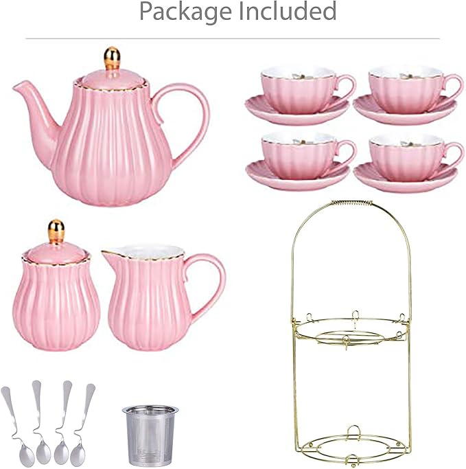 Jusalpha Fine China Pink Coffee Cup/Teacup Set, 7 OZ Cups& Saucer Service for 4, with Teapot-Sugar Bowl-Cream Pitcher Teaspoons and tea strainer for Tea/Coffee, 17-Pieces (TW Full set)