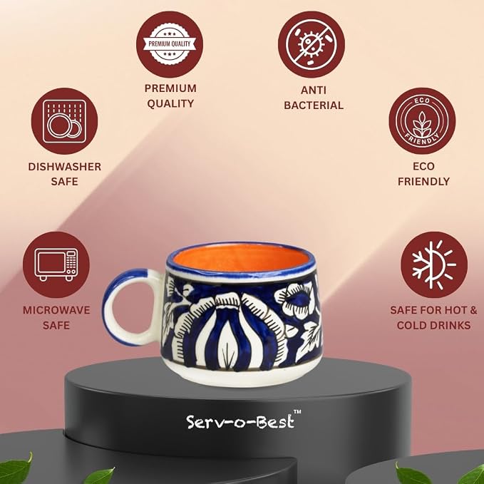 Servo Best Handmade Cermaic Tea Cup Set of 4-5 Oz Small Cups for Espresso, Cappuccino, Tea, Chai – Dishwasher & Microwave Safe – Gift Set for Coffee Lovers, Kitchen, Home, Office - Blue Mughal Art