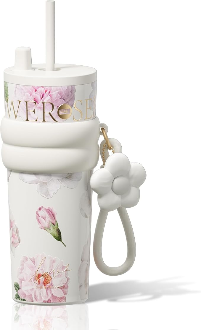 24 oz Stainless Steel Tumbler with Lid and Straw, Insulated Coffee Mug, Leak Proof, Portable Iced Travel Water Bottle, Reusable Thermal Coffee Cup, Floral White