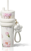 24 oz Stainless Steel Tumbler with Lid and Straw, Insulated Coffee Mug, Leak Proof, Portable Iced Travel Water Bottle, Reusable Thermal Coffee Cup, Floral White