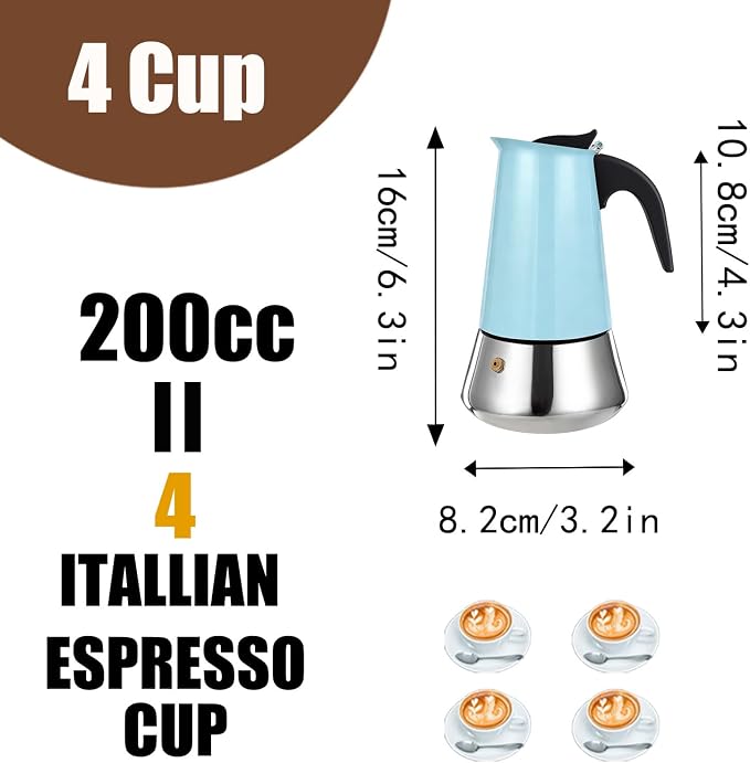 4 Cup Stovetop Espresso Maker Stainless Steel Moka Pot Stove Top Percolator Italian Coffee Makers Capable Mocha Greca Machine Cafe Classic Induction Cookers for Home and Camping 200ml 6.6oz