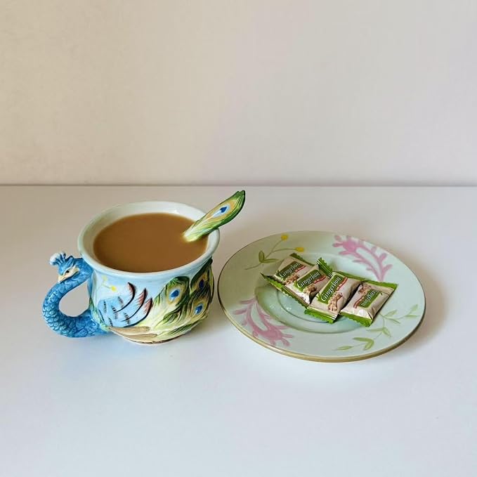 Ceramic Tea Cup and Saucer Set ，6OZ 3D Hand-Painted Peacock Coffee Mug，Gift for Women