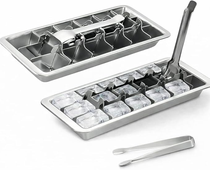 2 Pack Stainless Steel Ice Cube Trays with Lever Tweezers and Finger Gloves 18-Cube Metal Ice Trays, Non Toxic, Plastic Free，Heavy Duty for Whiskey, Cocktails, Freezer