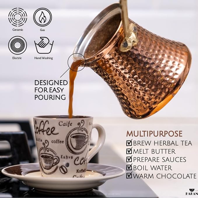 Hakan Turkish Coffee Pot | Stove Top Water Boiler, Coffee Maker, Butter, Chocolate & Milk Warmer | Even and Quick Heat with Handcrafted Copper Material | Coffee Gifts Idea, 13.2 Oz (390 cc)