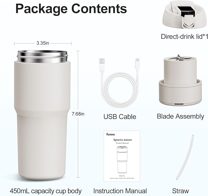 Kawu Portable Blender, 23oz Personal Smoothies Blender with Stainless Steel Inner, Cordless Electric Shake Maker, USB Rechargeable, BPA Free, Travel Bottle for Smoothies, Juice