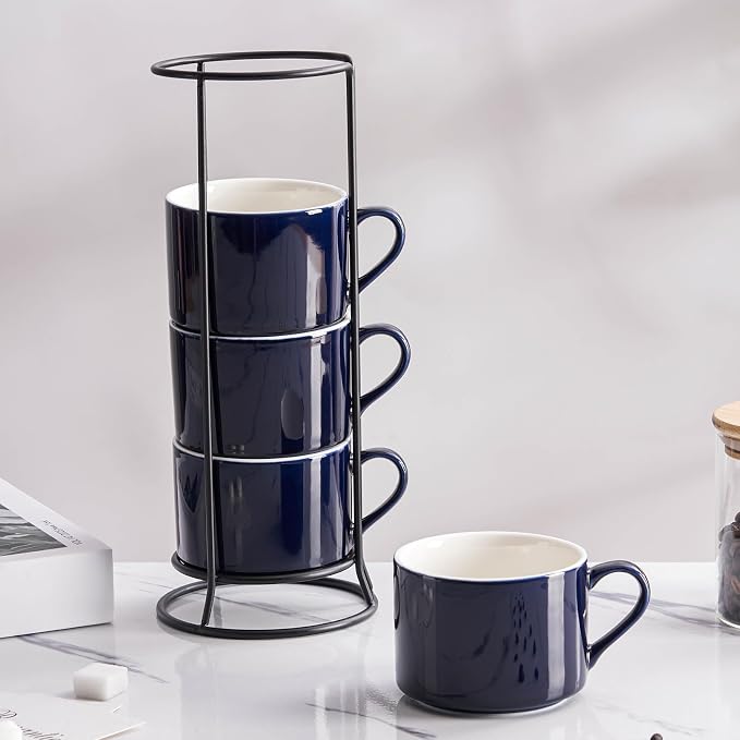 10oz Porcelain Stackable Coffee Mugs and Metal Stand Set of 4, Espresso Cups Set for Hot Drinks, Cappuccino, Tea-Blue