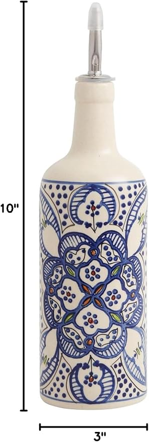 Tunis Ceramic Olive Oil Dispenser Bottle for Kitchen - Dripless Olive Oil Dispenser Bottle with Rubber and Stainless Steel Pour Spout - Handcrafted African Art - Cool Kitchen Tools & Gadgets (22 oz)