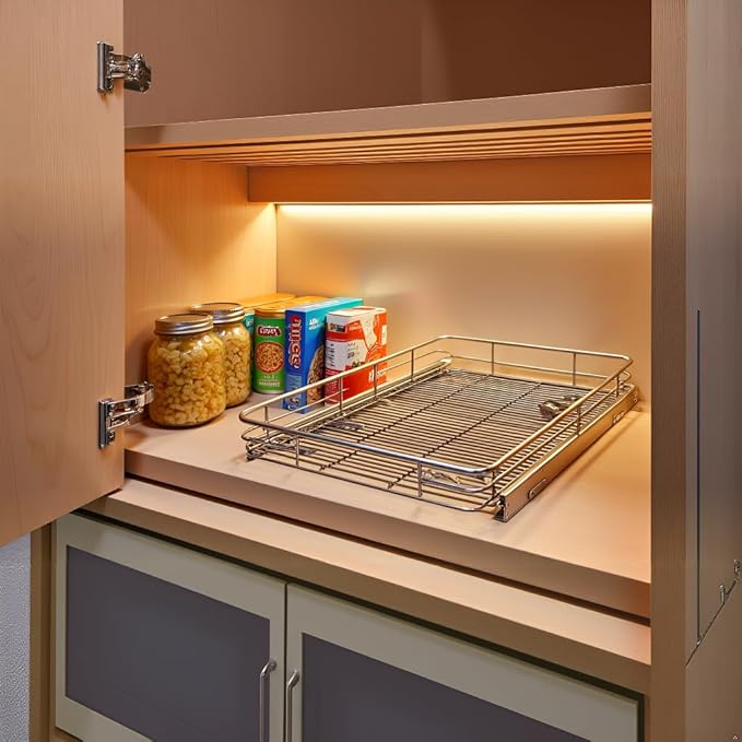 JOWBOOW Cabinet Pull Out Shelves (17" W x 21" D), Heavy-Duty Premium Collection Slide Out Shelves, Metal Roll Out Shelves for Kitchen Cabinets, Anti-Rust Chrome Finish