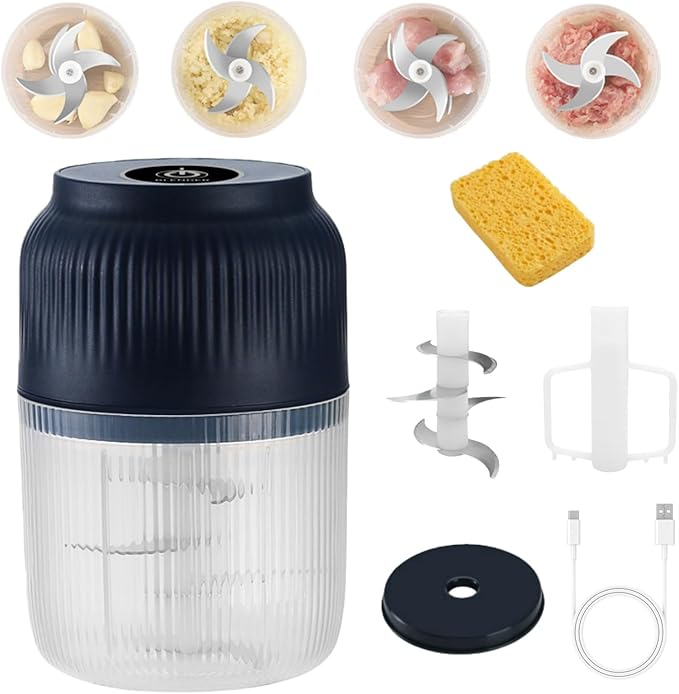 2026 Upgrade Electric Garlic Chopper, Mini Portable Veggie Chopper, 300ml Food Choppers Cordless, USB Charging Small Garlic Cutter for Mashing Onion, Chili, Ginger (Blue, 6 blades)