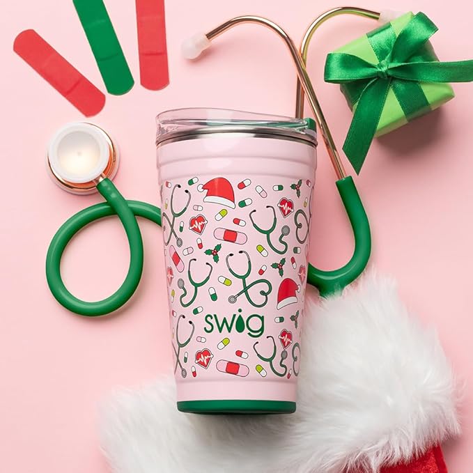Swig Life 24oz Party Cup, Stackable Insulated Travel Coffee Tumbler with EZ Slider Lid, Cup Holder Friendly Travel, Stainless Steel 24 oz Tumbler, Reusable Mug (Santa's Scrubs)
