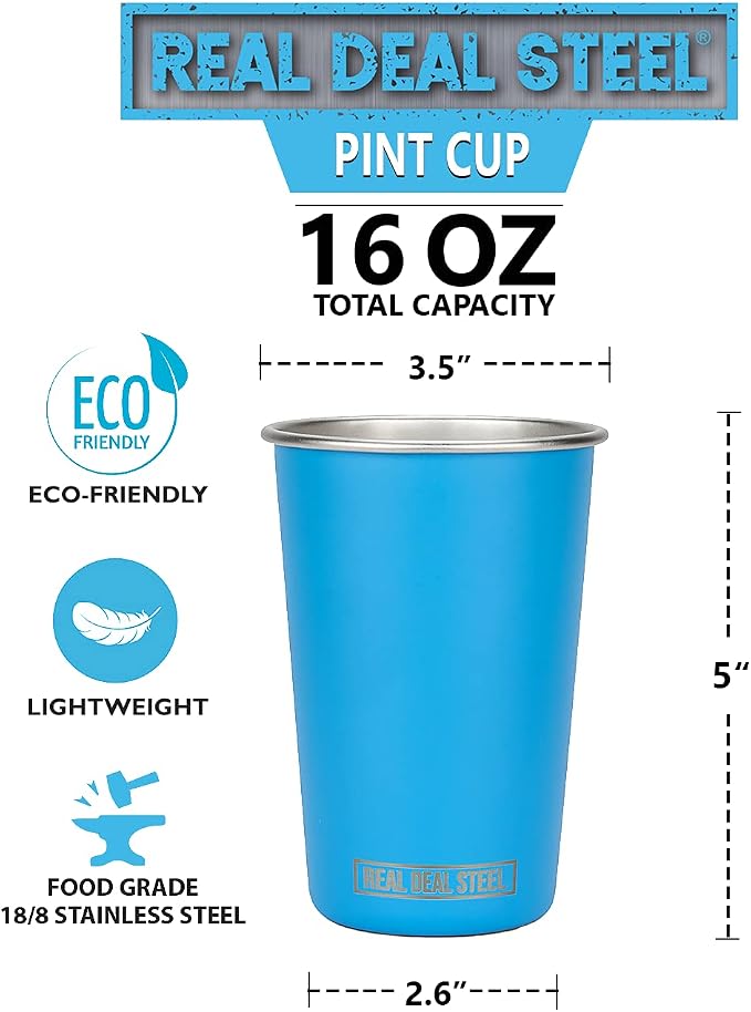 Real Deal Steel Party Pints: 16 oz Pint Cups, Stackable Tumblers, Eco Friendly Premium Metal Drinking Glasses