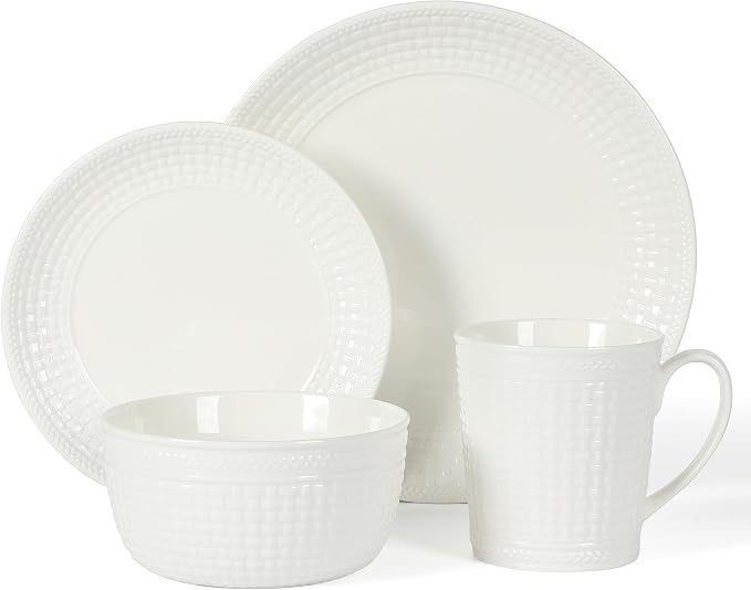 Martha Stewart 16 Piece Basket Weave New Bone China Embossed Porcelain Chip and Scratch Resistant Dinnerware Set