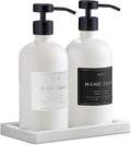 Glass Soap Dispenser Set of 2 (White) with Silicone Tray | Hand and Dish Soap Dispenser for Kitchen and Bathroom | 16.8 Oz Glass Bottles with Stainless Steel Pump & 15 Waterproof Labels (White/Black)