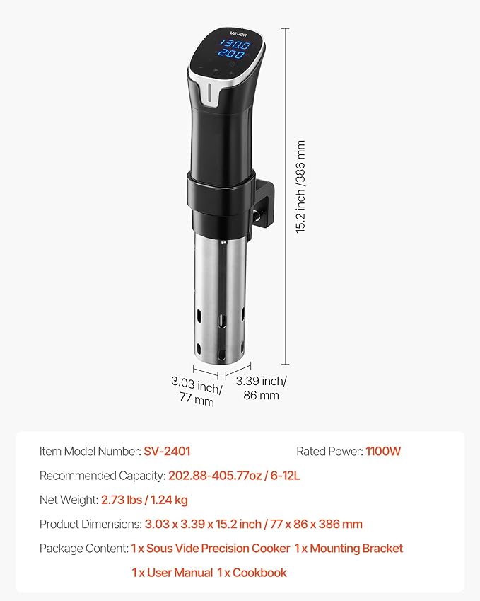 VEVOR Sous Vide Precision Cooker, 1100W Sous-Vide Cooking Machine, WIFI Immersion Circulator with LED Digital Display, Fast-Heating, Accurate Temperature & Timer Control, SUS304 Stainless Steel