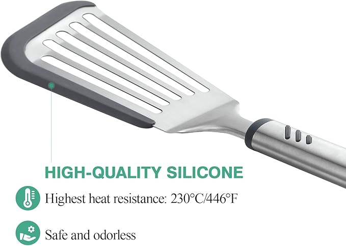 12.6" Stainless Steel Slotted Fish Spatula with Silicone Edge for Non-Stick Pan, 7.67 Inch Silicone Basting Pastry Brush For Baking, Dishwasher Safe