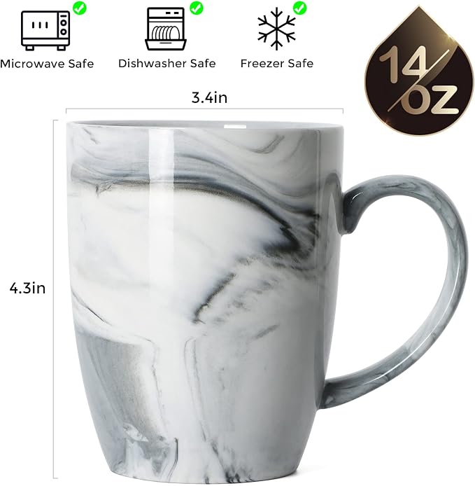 14 OZ Marble Coffee Mugs, M067 Novelty Marble Ceramic Cup for Home and Office, Microwave Dishwasher Safe, Set of 4, Gray