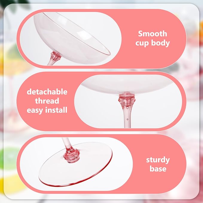 LemonRoad 24 Pcs Plastic Coupe Glasses 9 oz Disposable Martini Glasses for Cocktails, Champagne, Desserts and Espresso, Drinkware Set for Weddings, Birthday Parties, Home Bars (Pink)