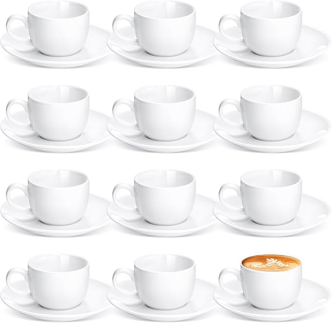 Maxdot 12 Set 2.7 OZ Porcelain Espresso Cups with Saucers White Ceramic Coffee Cups and Saucers Cappuccino Mug Latte Cup for Cafe Mocha Barista Coffee Shop