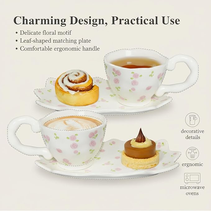 Unique Ceramic Tea Cup and Saucer Set, Coffee Mug, Cup and Saucer Set, Cute Fancy Girly Afternoon Tea Set Purse Gift, 5.4 oz/160 ml Vintage Style, For Women and Tea Parties, Pink flowers