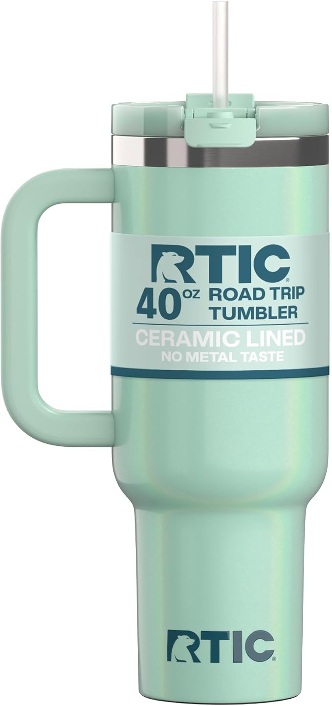RTIC 40 oz Road Trip Tumbler Double-Walled Cermaic Lined Insulated Stainless Steel Portable Travel Coffee Mug Cup with Lid, Handle and Straw, Fresh Mint Glitter