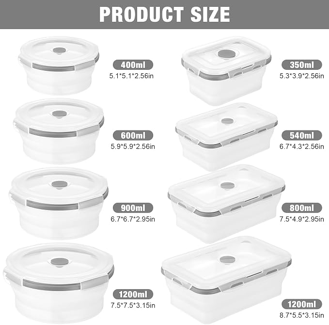 Dandat 12 Silicone Collapsible Food Storage Containers Foldable Silicone Lunch Container 6 Rectangle and 6 Round Airtight Collapsible Bowl with Lid Set for Kitchen Microwave (Translucence Gray)