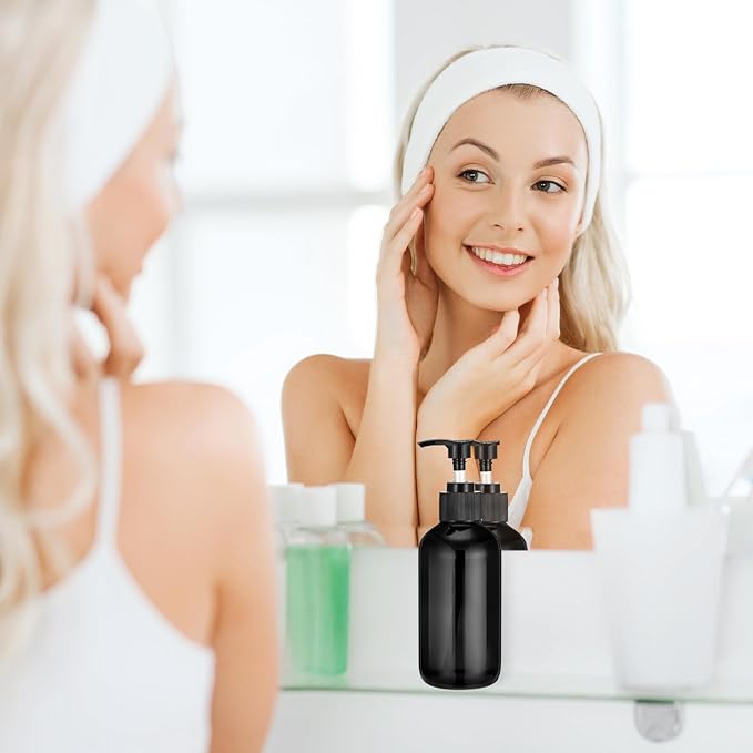 Tanlade 24 Pcs 8 oz Glass Pump Bottle Empty Bottle Glass Soap Dispenser with Pump Refillable Containers and Labels Funnels for Essential Oils Cleaning Products Lotions Conditioner (Black)