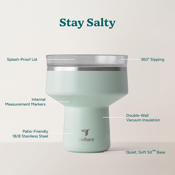 REDUCE Saltini 16 oz Cocktail Tumbler - Insulated Margarita Tumbler with Lid - Keeps Drinks Cold for 10 Hours - 360 Sippable Martini Glass Alternative - Shatterproof, Perfect for Parties - Sea Glass