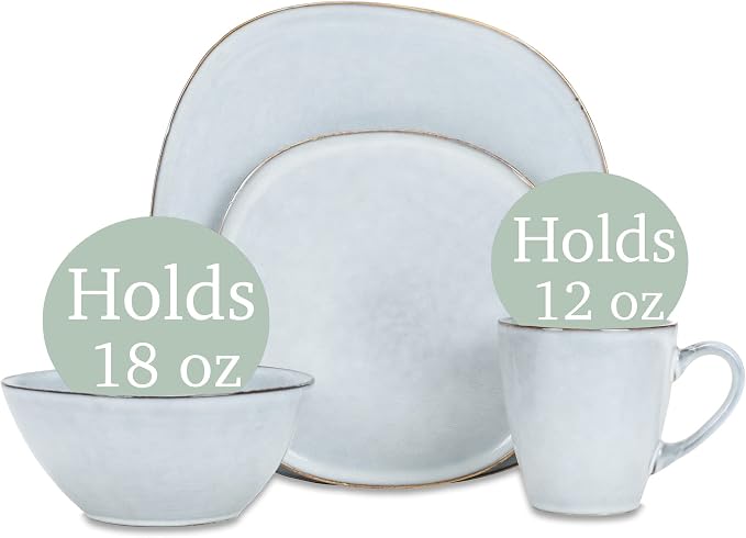 Elanze Designs 16-Piece Modern Luxury Chic Smooth Vintage Handmade Shape High Gloss Ceramic Stoneware Square Plate Mug & Bowl Kitchen Dinnerware 16 Piece Set - Service for 4, Ice Blue