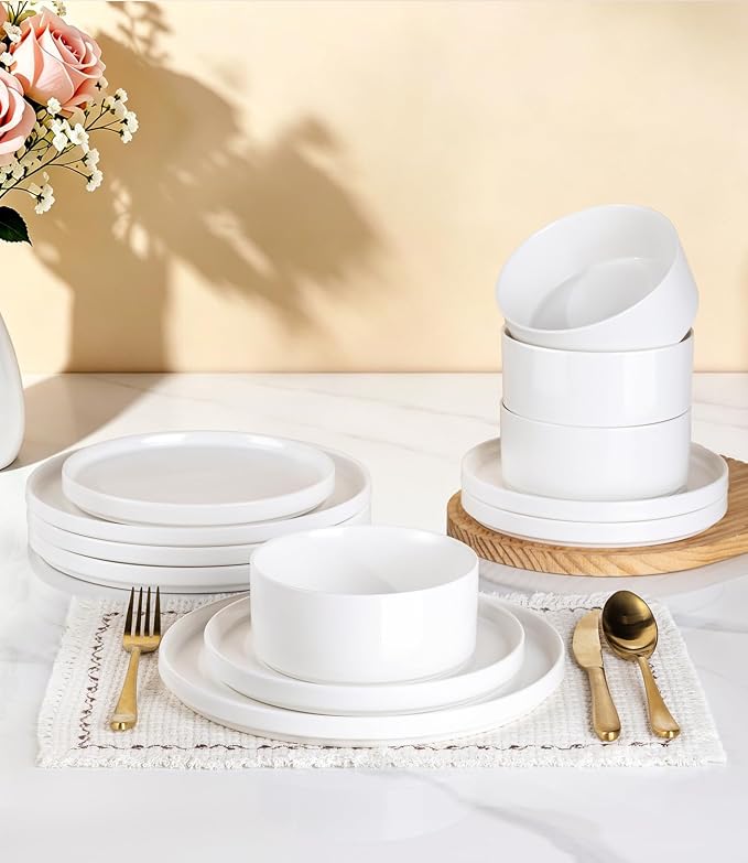 GBHOME Ceramic Dinnerware Sets of 4,Stoneware Plates and Bowls Sets,Chip and Crack Resistant | Dishwasher & Microwave Safe Dishes Set,Scratch Resistant- Service for 4 (12pc)-White