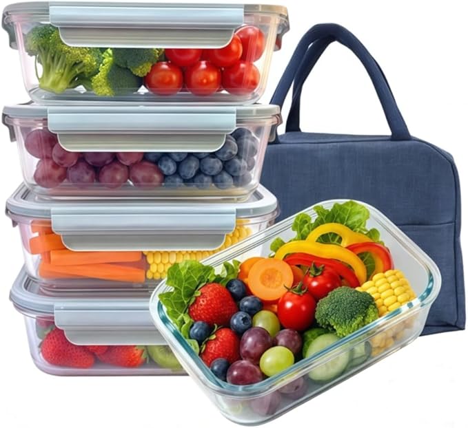 5Pack (35oz with Lunch Bag) Glass Food Storage Containers with Lids for Kitchen Meal Prep, Fridge Organization, Lunch Box