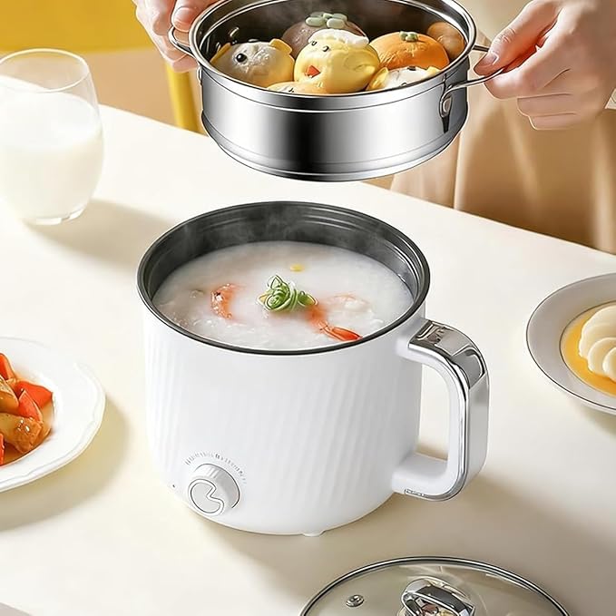 1.6L Electric Ramen Cooker Multicooker: Non-Stick Hot Pot for Instant Noodles Pasta Oatmeal Stews Soup Shabu-Shabu and Egg Dorm Cooking Includes Steamer Basket & Glass Lid Power Adjustment White