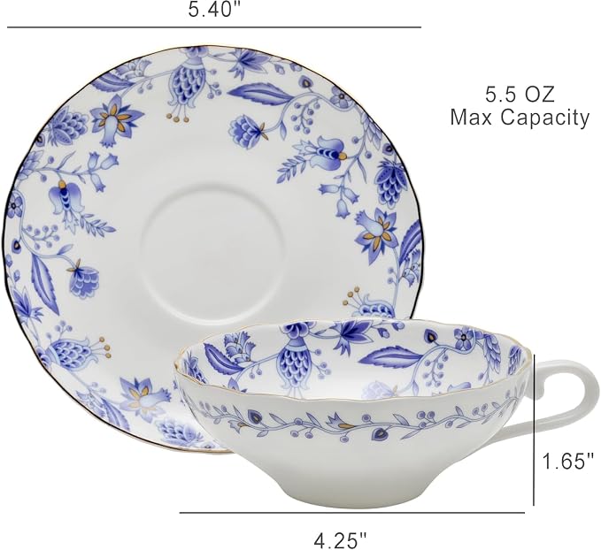 6 Pack Bone China Mini Espresso Cup,5 oz Porcelain Coffee Mugs with Saucer Handle,Demitasse Cups,Modern Deacor Art Cups,Suitable for Espresso Machine -Blue White