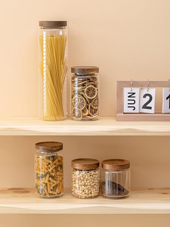 Kanwone Airtight Food Storage Containers with Bamboo lids set of 5, Stackable Food Storage Containers, Glass Canisters for Pantry, kitchen, Flour, Sugar, Tea, Coffee, Pasta, Cookies, Rice and Spice