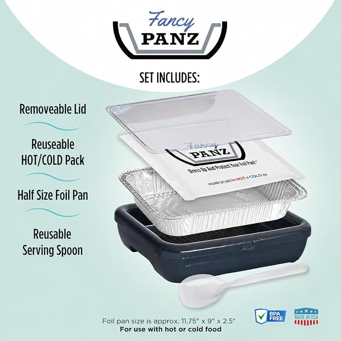 Fancy Panz White Premium Aluminum Foil Pan Carrier with Secure Latch Lid & Hot/Cold Gel Pack - Made in USA Reusable Casserole Carrier for Half Size Pans - Food Transport Holder for Entertaining