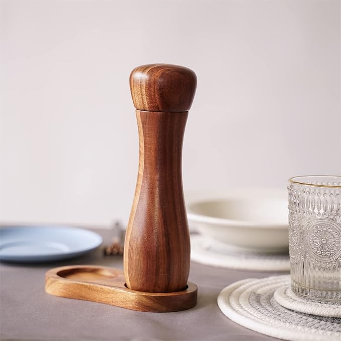 Pepper Mill, Pepper Grinder, Adjustable Ceramic Grinder for Both Pepper and Salt, Acacia Wood, Height 20.5 cm / 8 inch, Dia 6 cm(Tray is NOT Included)