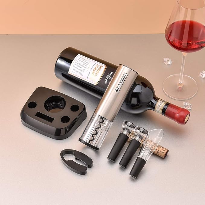 COKUNST Electric Wine Opener Set, 4-in-1 One-click Button Bottle Openers with Wine Pourer, Vacuum Stoppers, Foil Cutter for Wine Lovers Home Kitchen Party Wedding Bar - USB Rechargeable (Silver)