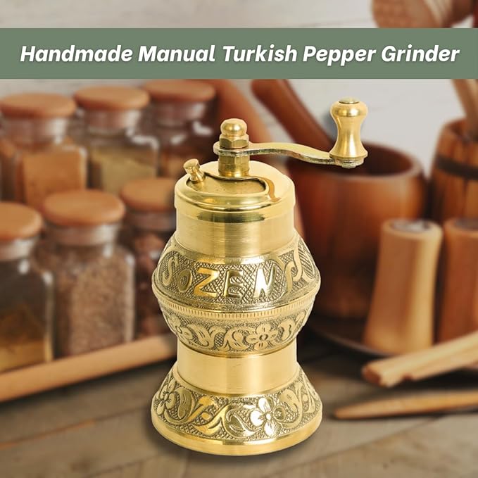 Sozen 4.7" Istanbul Manual Pepper Grinder Brass – Handmade Turkish Pepper Mill, Conical Burr Spice Grinder, Portable Hand Crank Mill for Salt, Peppercorns, and Other Spices with Durable Brass Decor